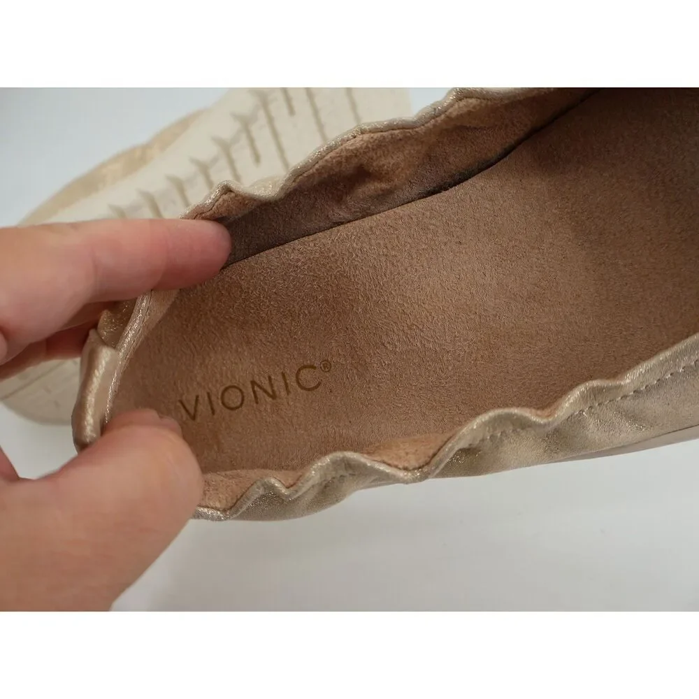 Vionic Uptown Ballet Flat Women 8 Gold Metallic Leather Slip On Platform Shoes